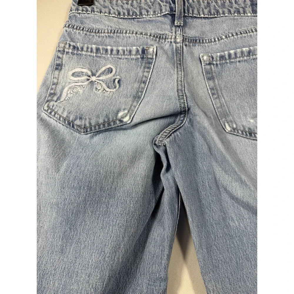 Hollister Low Rise Baggy Jeans Size 4R Light Wash Bow Embroidered Wide Leg Y2K